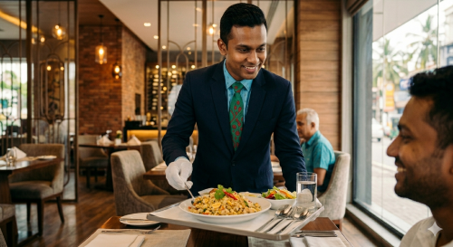 Waiter serving a completed SMARTMenu order to guests at a Sri Lankan restaurant